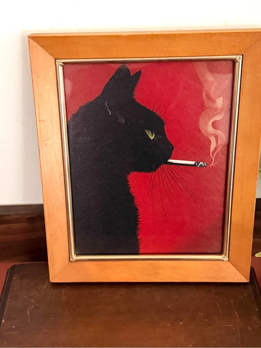 Black Cat Smoking a Cigarette Red Canvas Vintage Wood Framed Wall Hanging Art